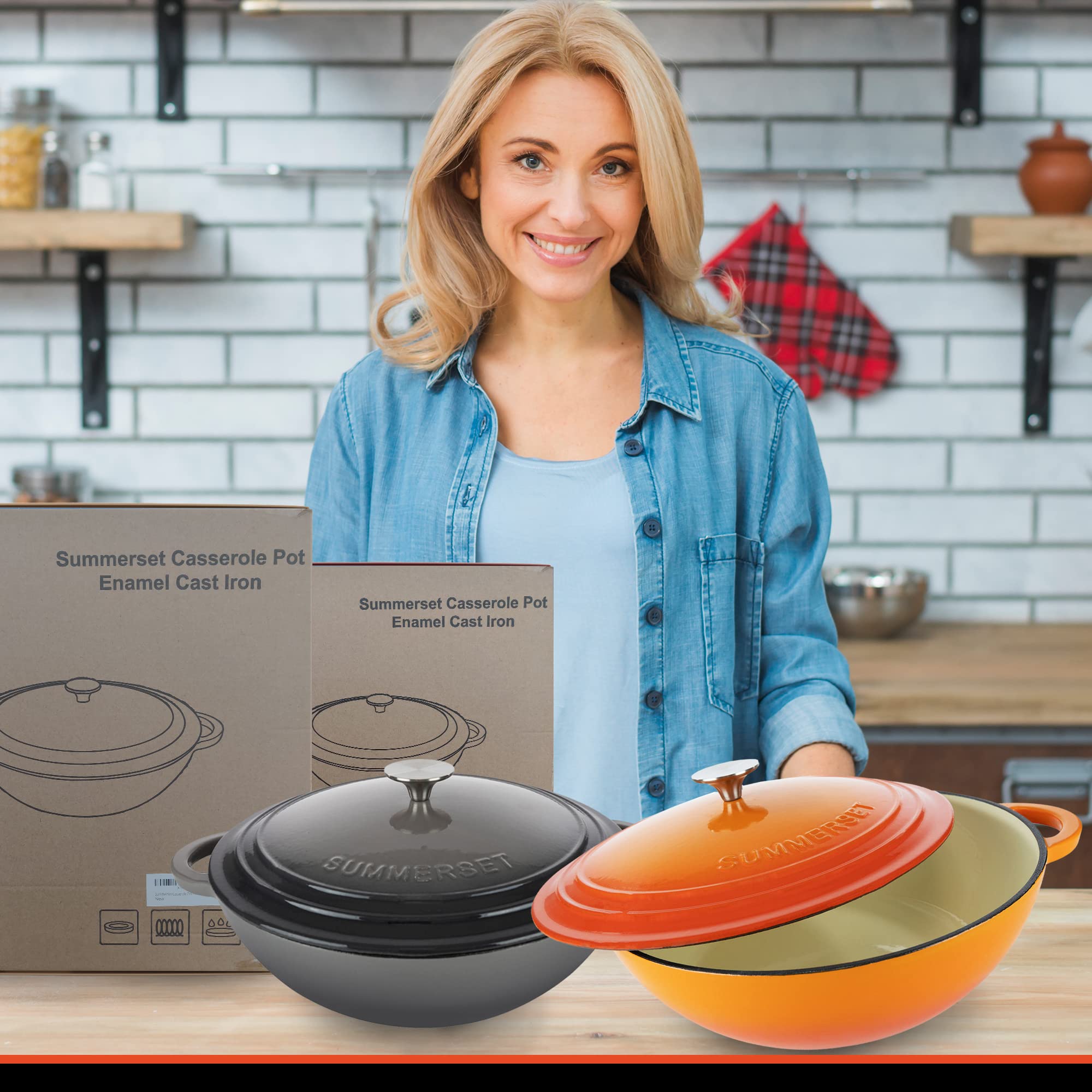 Enameled Cast Iron Braiser Pan Dutch Oven (Orange)