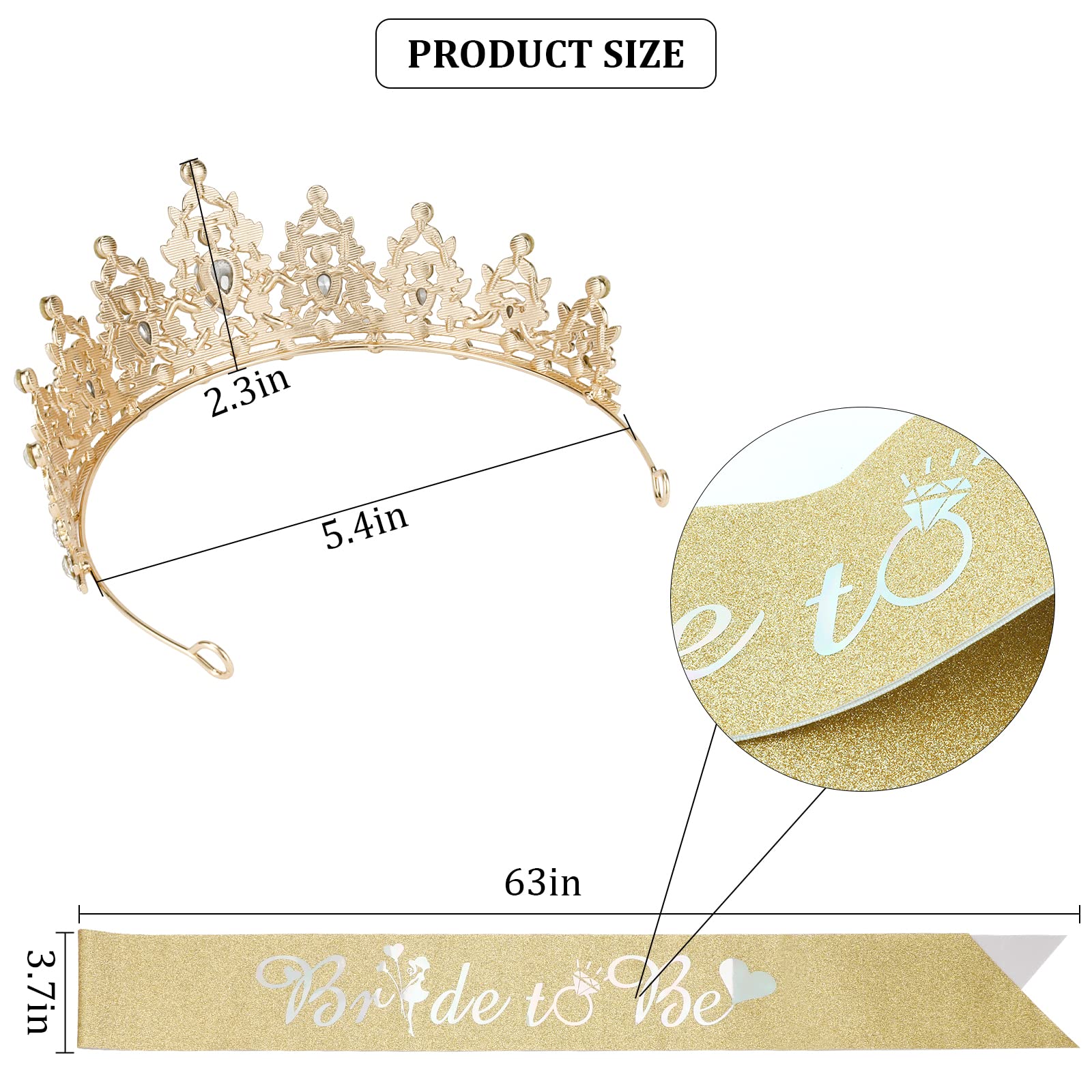 CIEHER Bride To Be Kit: Crystal Crown, Gold Sash for Bridal Shower & Bachelorette Party Decorations - Crystal Material