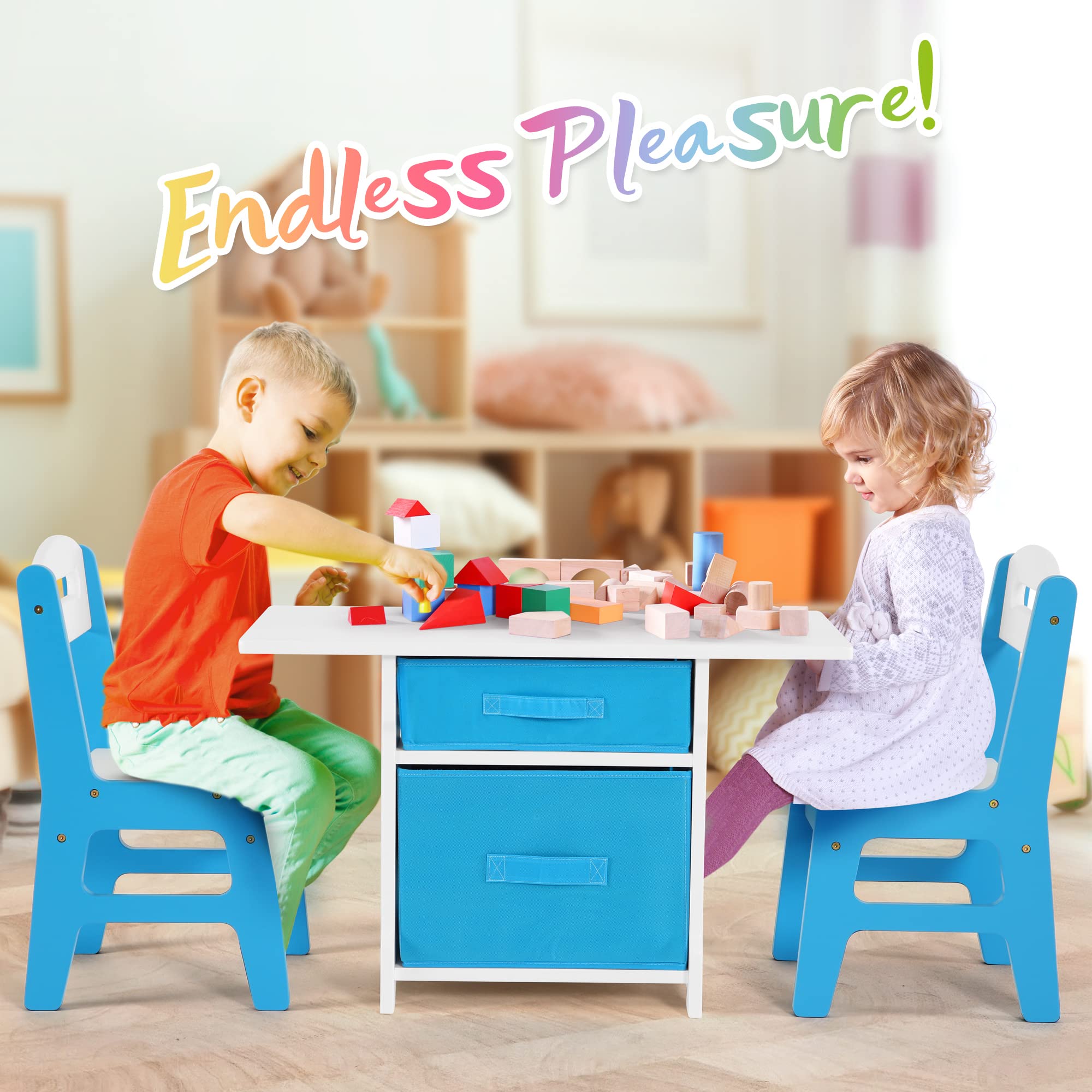 Bateso Kids Table & Chair Set, Toddler Table and Chairs Set​ with Storage, Kids Table and 2 Chairs with Storage for Learning, Teaching, Eating, Playing, Kindergarten, Living Room