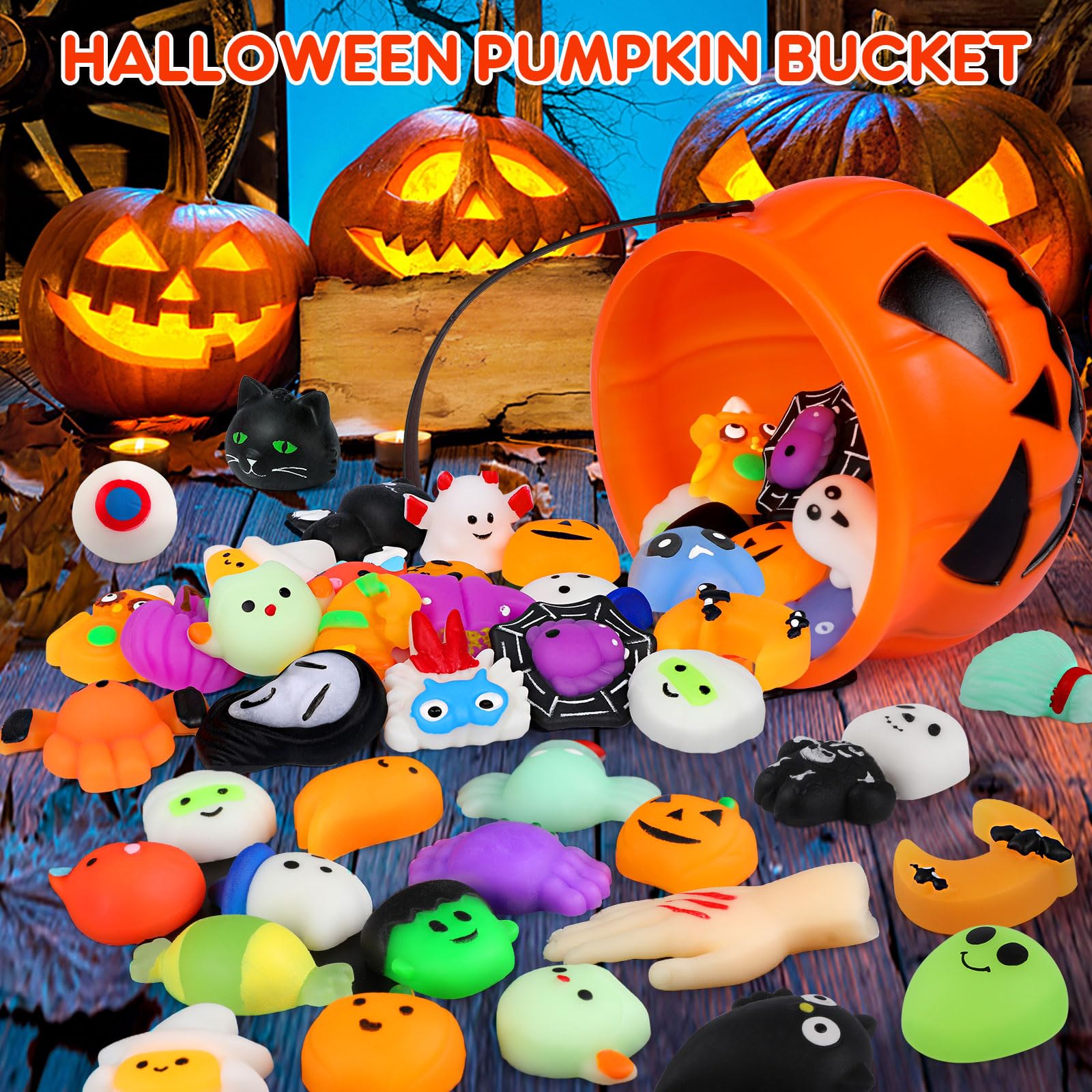 50PCS Halloween Mochi Squishy Toys with Halloween Pumpkin Bucket Halloween Party Favors Trick or Treat Goodie Bag Filler Halloween Decorations Kawaii Squishy Halloween Toys Gifts for Boy Girl Random