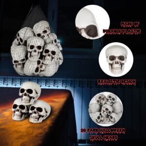 Charniol 20 Pieces Mini Halloween Skulls Heads Plastic Miniature Skulls Skeleton Heads Decorations in Mesh Bag Realistic Skulls Props Crafts for Halloween Party Bar Home Table Decor