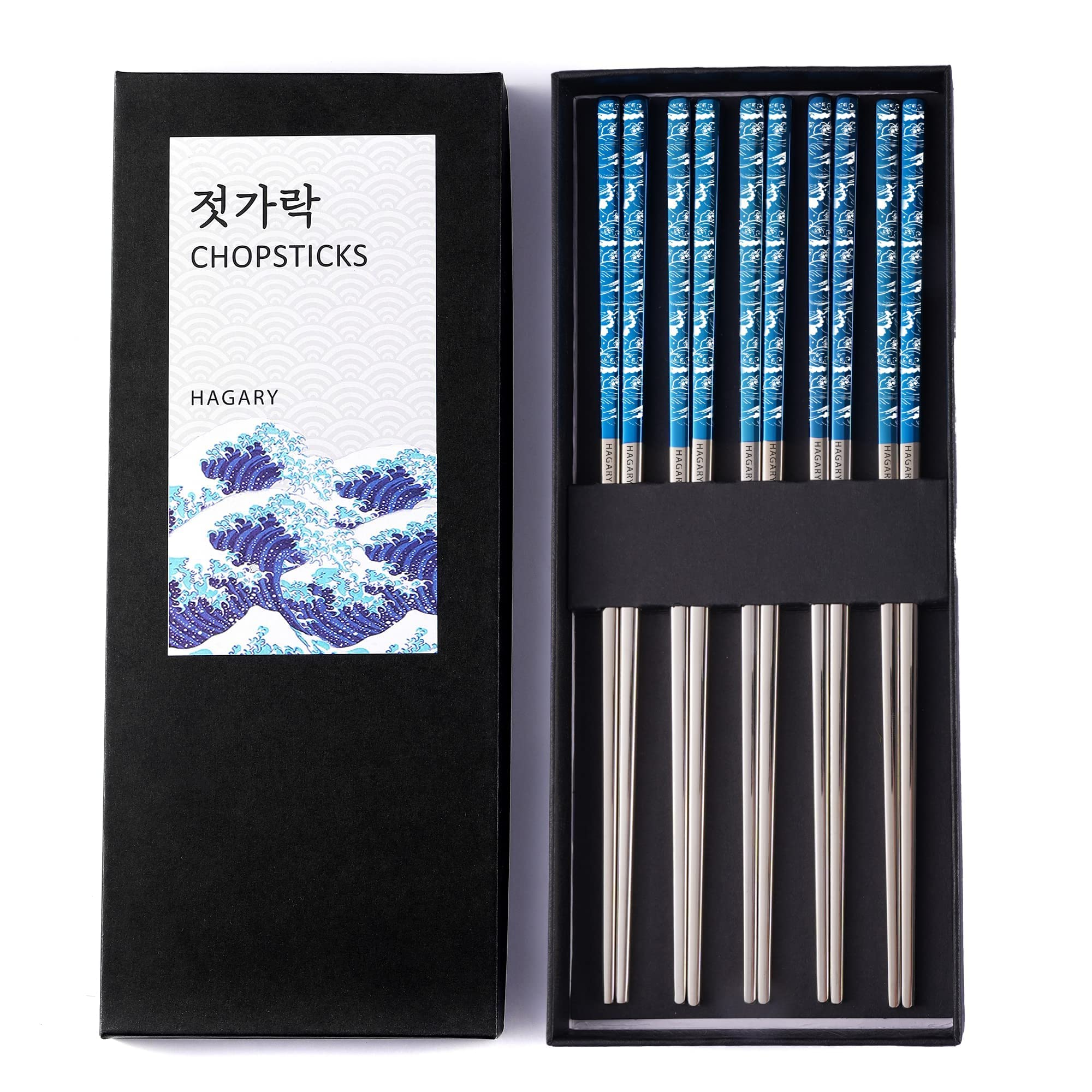 Hagary Blue Wave Chopsticks 5 Pairs Metal Chopsticks Reusable Designed In Korea Japanese Style Stainless Steel 316 18/10 Non-Slip Dishwasher Safe Laser Engraved