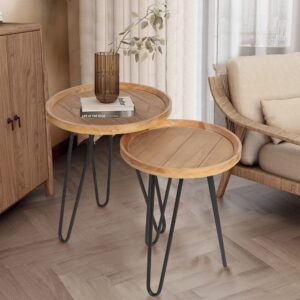 Oakrain Nesting Tables for Living Room, Round Nesting Coffee Table, Farmhouse End Tables Living Room Set of 2, Wood Side Tables Set of 2 for Sofa, Bedroom