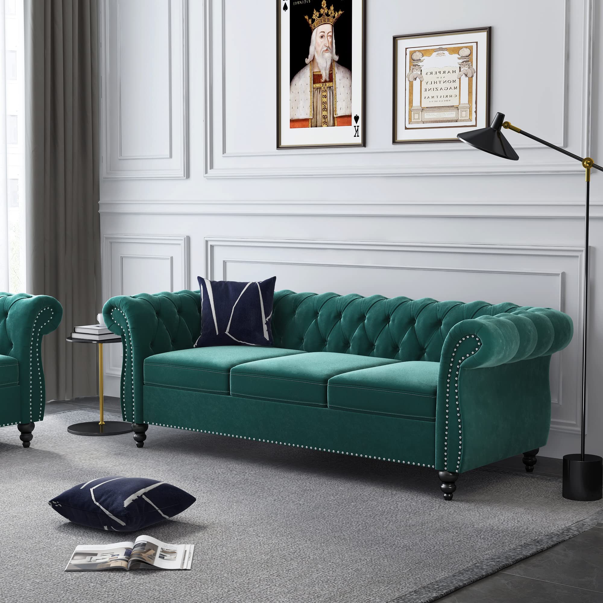 PHOYAL Large Sofa, Velvet Sofa Three-seat Sofa Classic Tufted Chesterfield Settee Sofa Modern 3 Seater Couch Furniture Tufted Back for Living Room (Green)