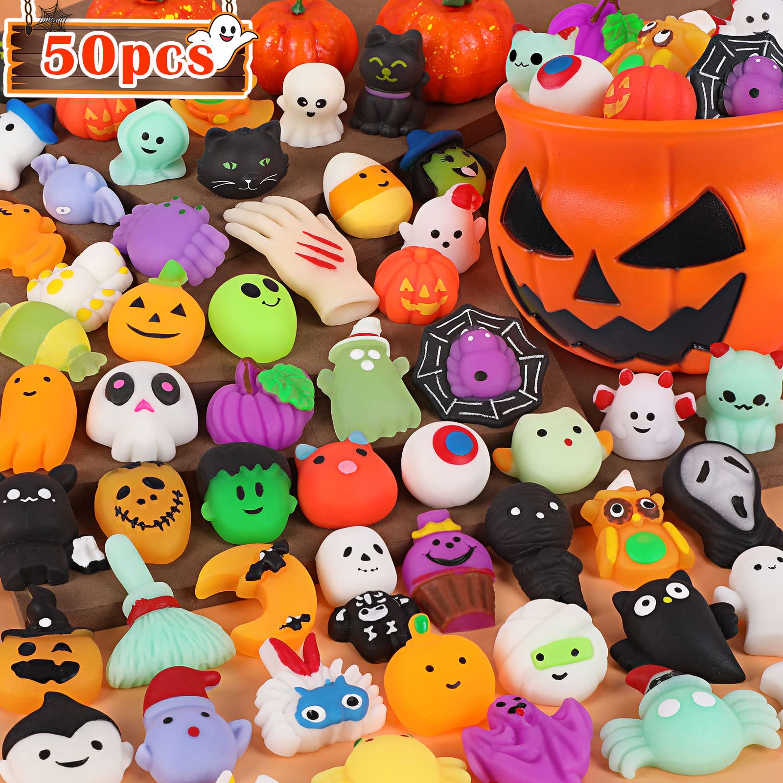 50PCS Halloween Mochi Squishy Toys with Halloween Pumpkin Bucket Halloween Party Favors Trick or Treat Goodie Bag Filler Halloween Decorations Kawaii Squishy Halloween Toys Gifts for Boy Girl Random