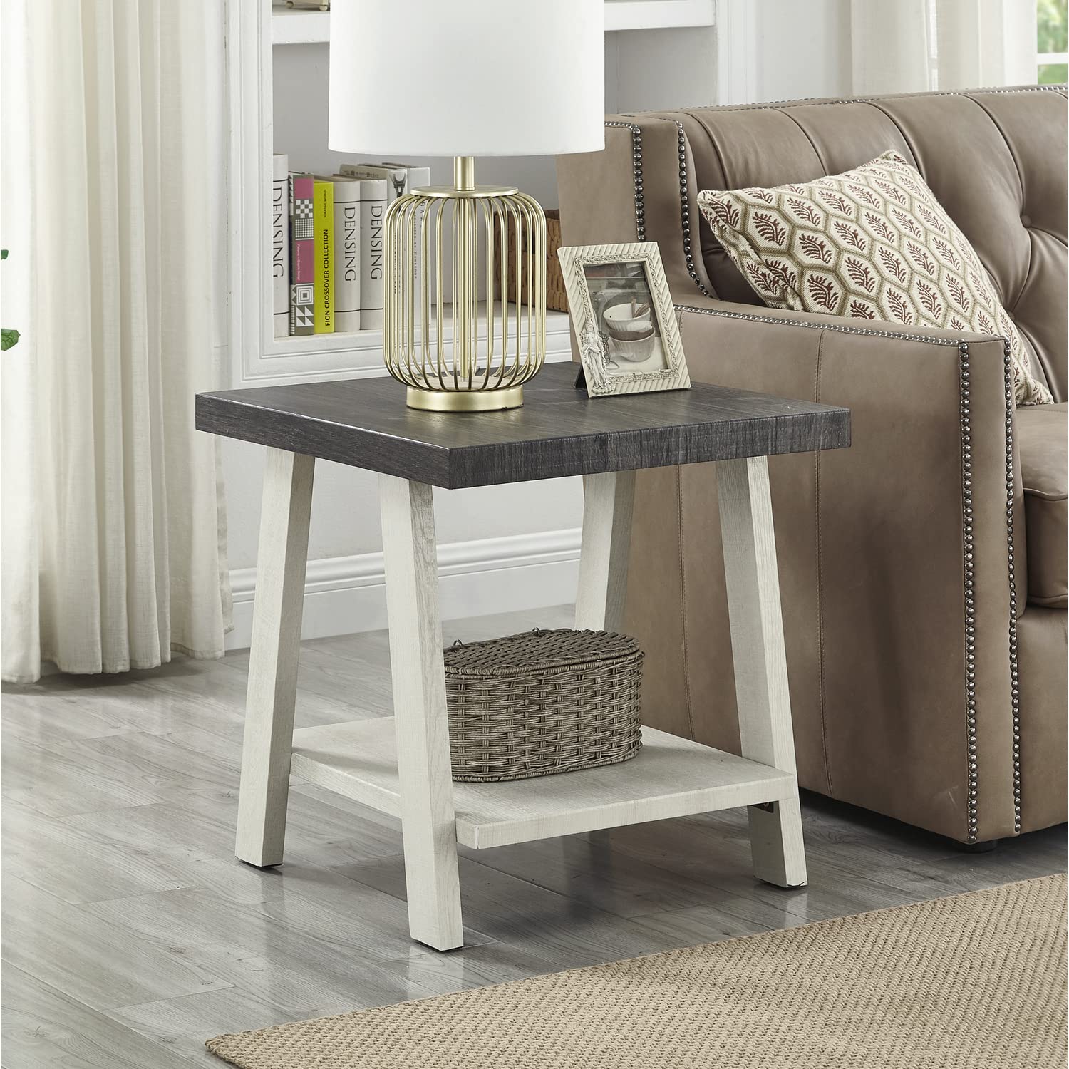 Roundhill Furniture Athens Contemporary Wood Shelf End Table, Weathered Charcoal and Beige