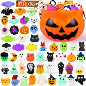 50PCS Halloween Mochi Squishy Toys with Halloween Pumpkin Bucket Halloween Party Favors Trick or Treat Goodie Bag Filler Halloween Decorations Kawaii Squishy Halloween Toys Gifts for Boy Girl Random