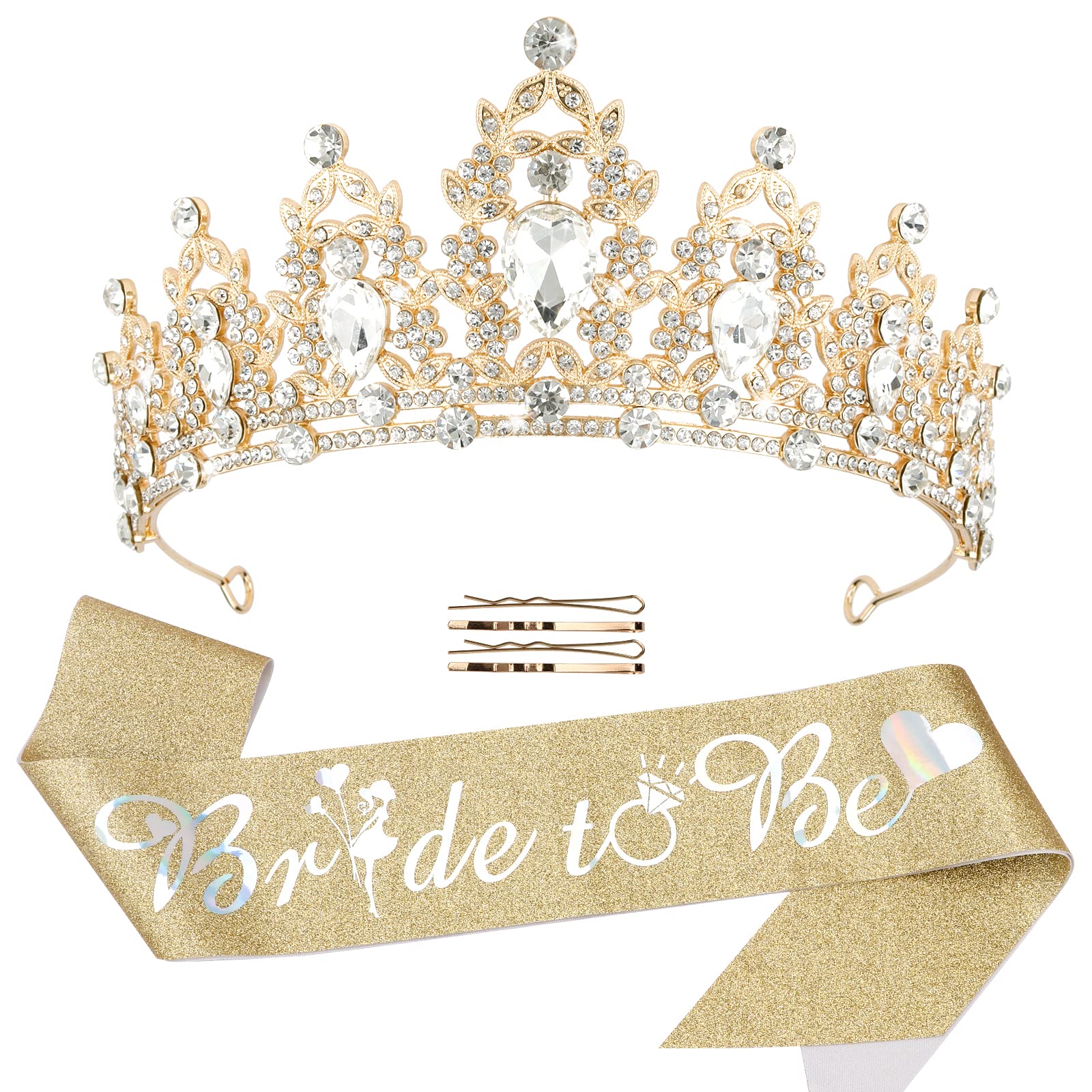 CIEHER Bride To Be Kit: Crystal Crown, Gold Sash for Bridal Shower & Bachelorette Party Decorations - Crystal Material