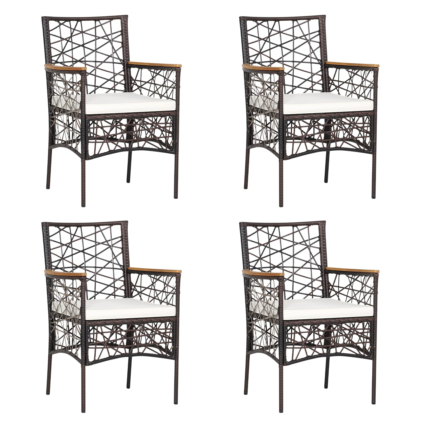 HAPPYGRILL Patio PE Rattan Dining Chairs Set of 4, Patio PE Wicker Armchairs with Removable Cushions and Acacia Wood Armrests for Deck Poolside Backyard