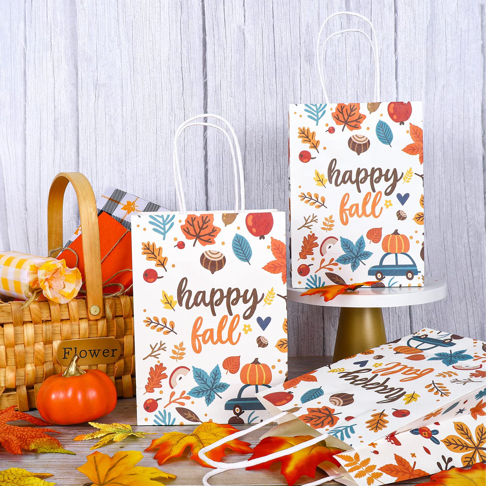 AnyDesign 16Pcs Happy Fall Gift Bags Maple Leaves Pumpkin Paper Bags with Handle for Thanksgiving Day Fall Themed Wedding Birthday Bridal Shower Party Favors, 5.9 x 8.3 x 3.2 Inch