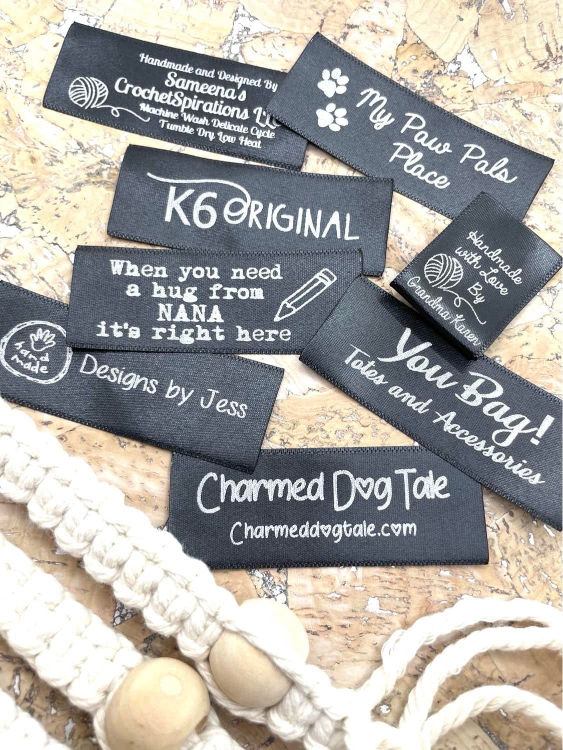 30 Black Custom Printed Satin Fabric Labels Sew On for Clothing, Crafts, Nursing Home Clothing, Children's Clothing, Knitting, Crocheting, Handmade Items