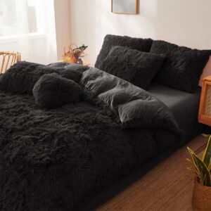 Ultra Soft Black Faux Fur 3 Piece Queen Comforter Set - Plush Fluffy Bedding With Duvet Cover and 2 Pillowcases