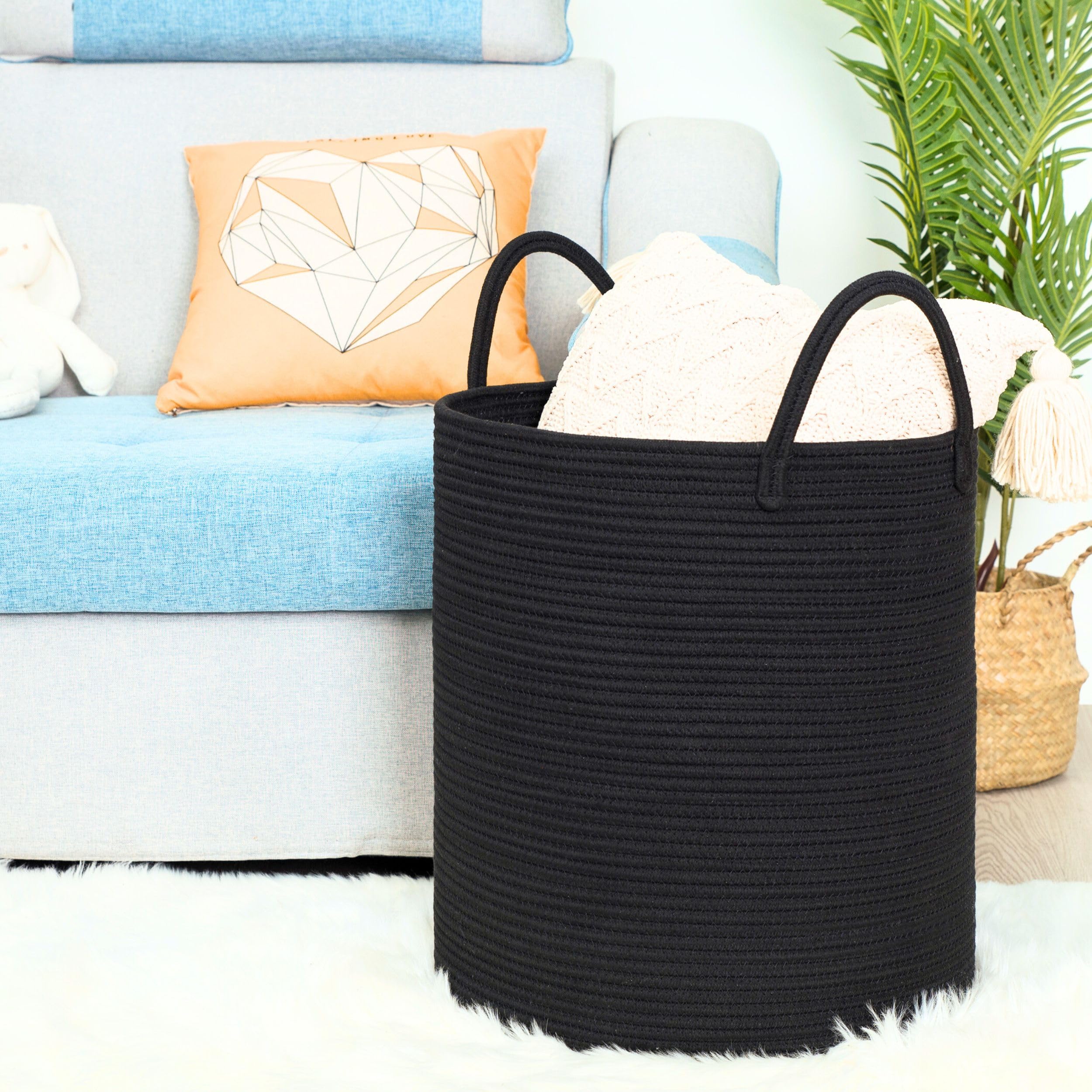 MINTWOOD Design Large 18 x 16 Inches Decorative Woven Cotton Rope Basket, Tall Laundry Basket Hamper, Blanket Basket for Living Room, Storage Baskets for Toys, Towel, Throw, Pillow, Full Black