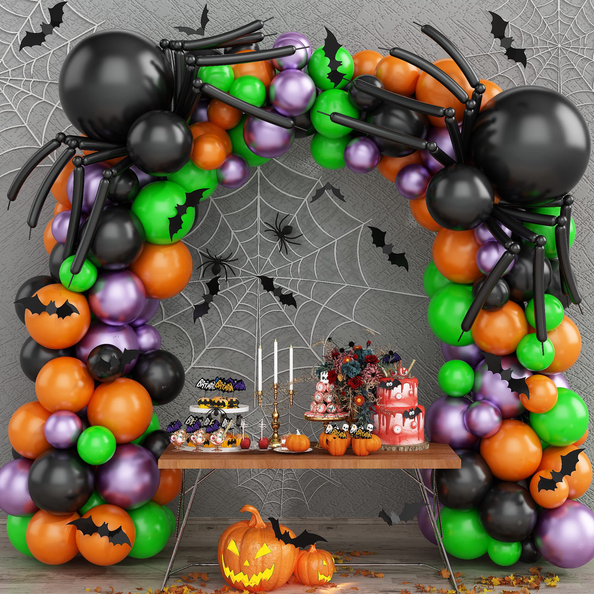 Halloween Balloon Garland Arch Kit, 128PCS Black Long Twisting Balloon Metallic Purple Balloon Orange Light Green Balloons with Bat for Ghost Halloween Party Decorations Supplies Kids House Garden