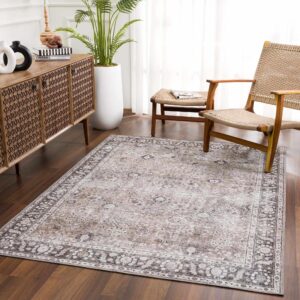 hauteloom ganyangan boho vintage distressed damask area rug - farmhouse traditional floral faded carpet for living room, bedroom - machine washable rug - brown, taupe, cream - 7'10" square