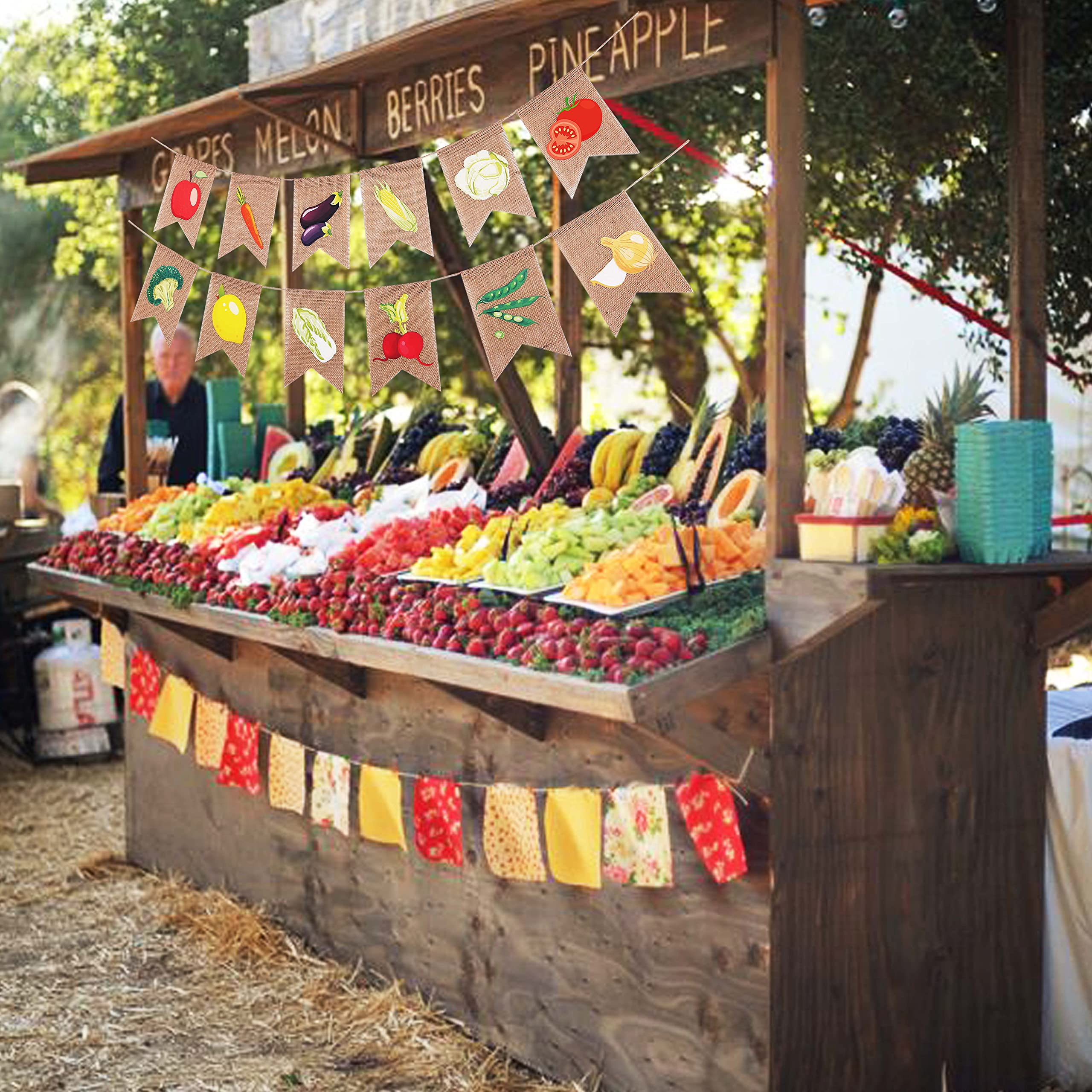 YLooDasy Farmers Market Party Decorations Vegetable Banner Burlap Bunting Garland for Farmers Market Produce Stand or Gardener Theme Farm Party Supplies