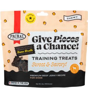 primal beef jerky dog treats made with beef bone broth for dogs, give pieces a chance, training treat for dogs, 4 oz