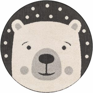 Hauteloom Kids Room, Nursery Round Area Rug - Outdoor Patio Safe - Animal Bear Playroom Carpet - Beige, Gray, Black, Cream - 7'10"