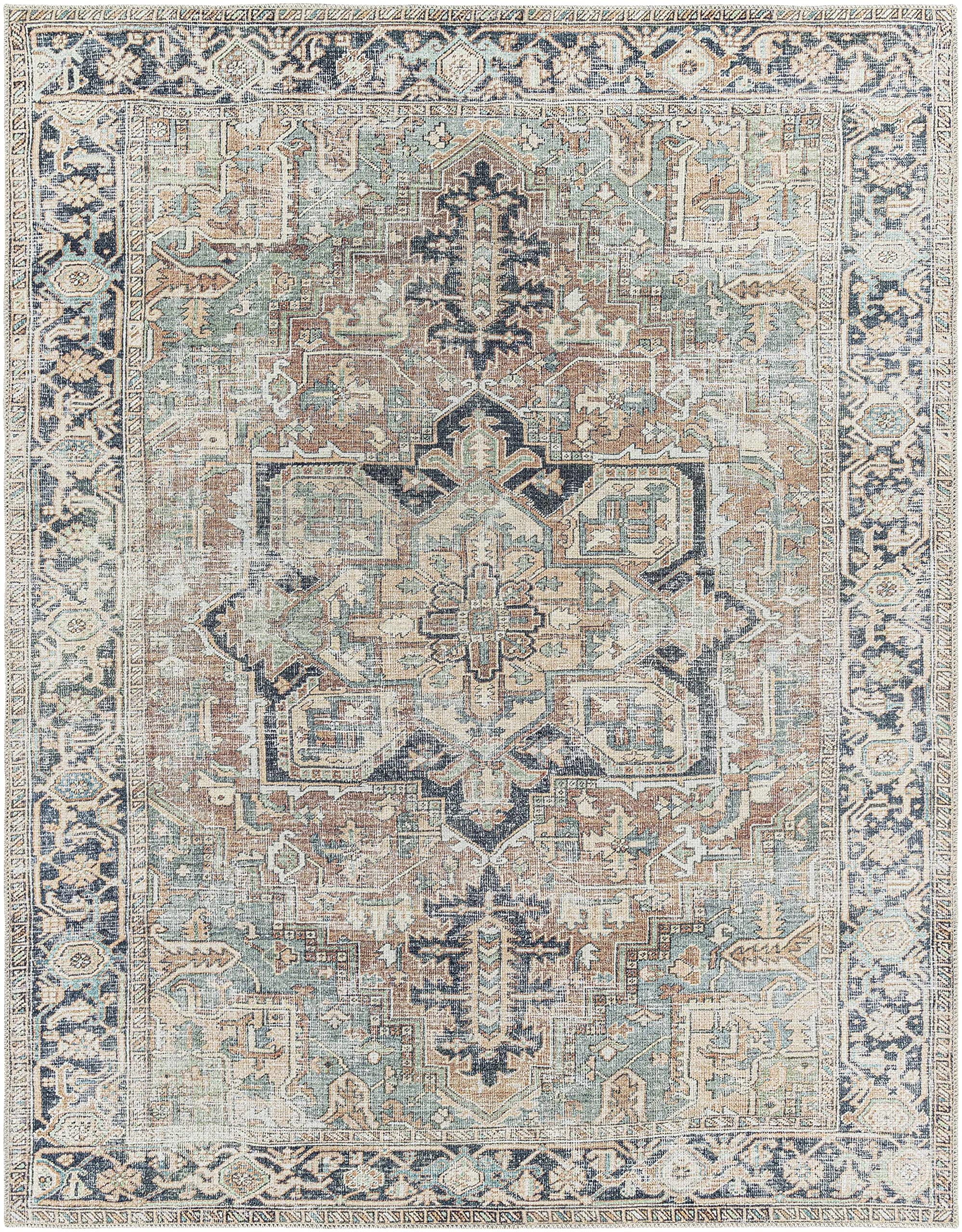 Hauteloom Nisa Living Room, Bedroom Machine Washable Area Rug - Traditional - Sage, Brick Red, Navy - 7'6" x 9'6"