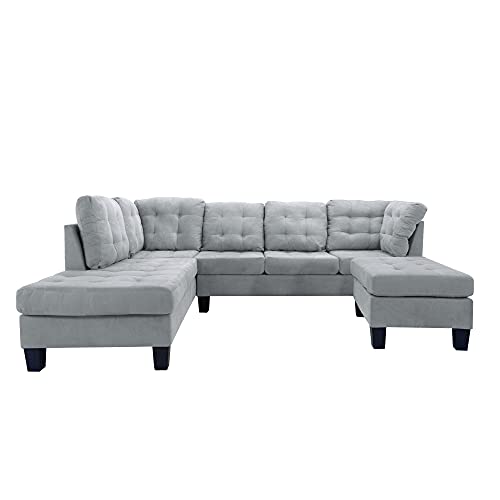 Casa Andrea Milano LLC 3 Piece Modern Tufted Micro Suede L Shaped Sectional Sofa Couch with Reversible Chaise & Ottoman, Large, Grey