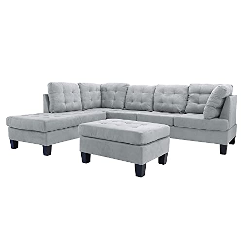 Casa Andrea Milano LLC 3 Piece Modern Tufted Micro Suede L Shaped Sectional Sofa Couch with Reversible Chaise & Ottoman, Large, Grey