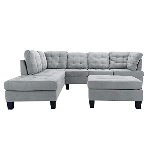 Casa Andrea Milano LLC 3 Piece Modern Tufted Micro Suede L Shaped Sectional Sofa Couch with Reversible Chaise & Ottoman, Large, Grey