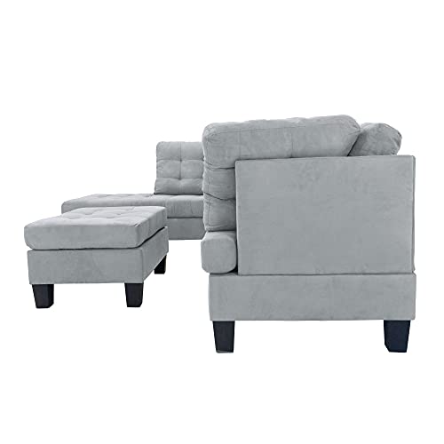 Casa Andrea Milano LLC 3 Piece Modern Tufted Micro Suede L Shaped Sectional Sofa Couch with Reversible Chaise & Ottoman, Large, Grey