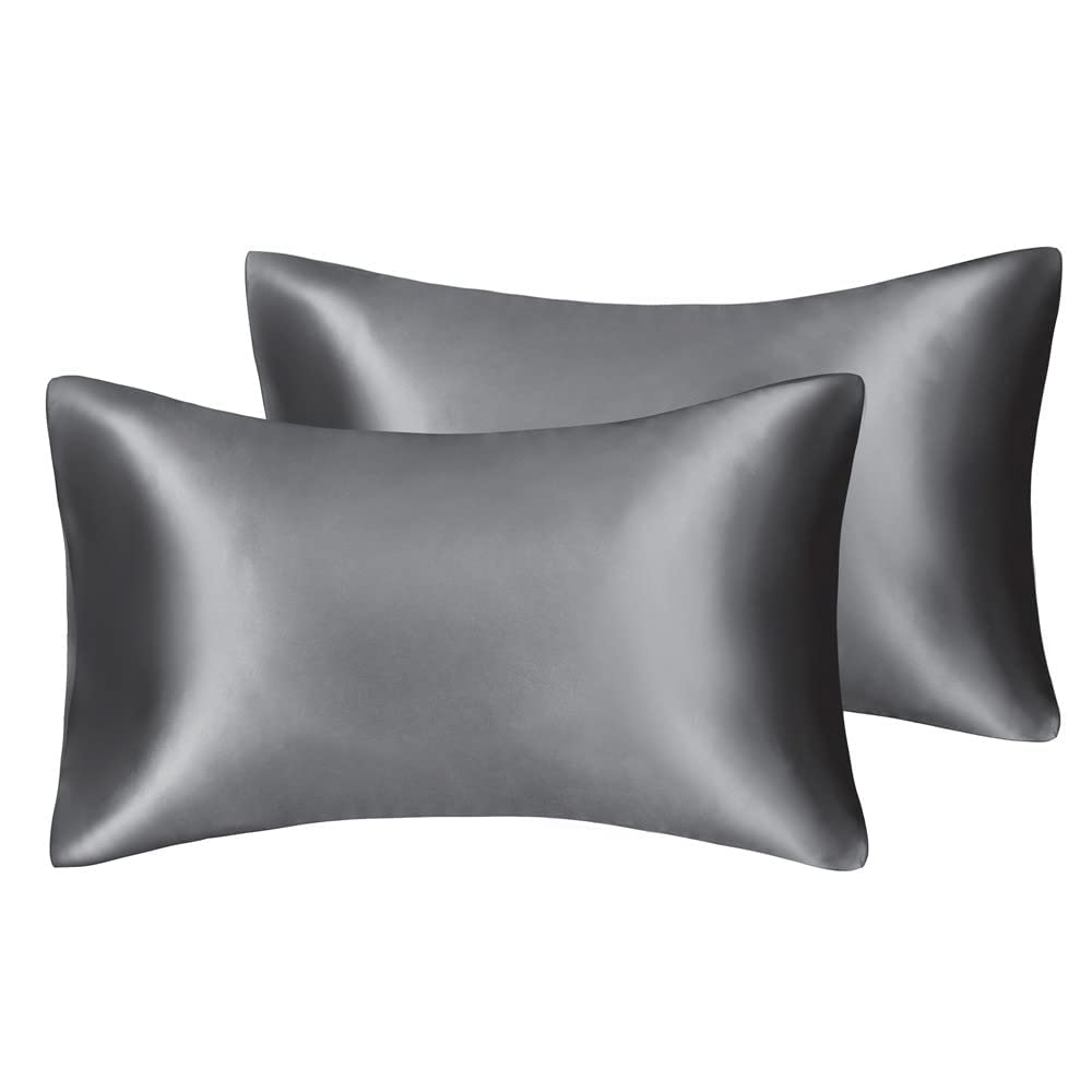 2 Pack Zippered Satin Toddler Pillowcaes, 14x 20 Inches, Luxury and Silky Soft Travel Zip Pillow Cases (Standard, Dark Grey)