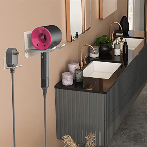 Adhesive Hair Dryer Holder Wall Mount - Adhesive Bathroom Vanity Blow Dryer Holder Organizer Compatible with Dyson Hair Dryers (Milk Tea)