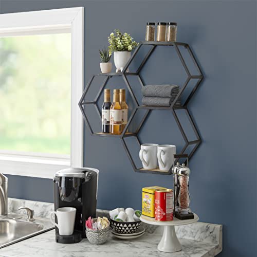 Powell Dealya Black Metal Honeycomb Wall Shelves with Wood Bottoms