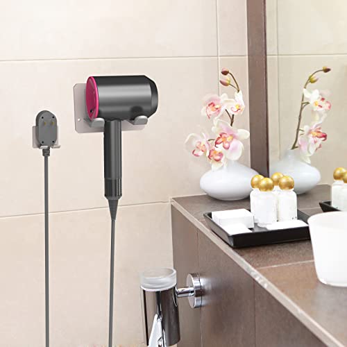 Adhesive Hair Dryer Holder Wall Mount - Adhesive Bathroom Vanity Blow Dryer Holder Organizer Compatible with Dyson Hair Dryers (Milk Tea)