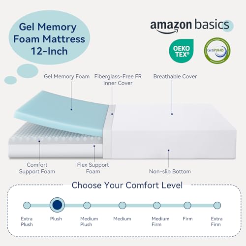 Amazon Basics Memory Foam Mattress, Soft Plush Feel, California King, White/Grey, 84 x 72 x 12 inches (LxWxH)