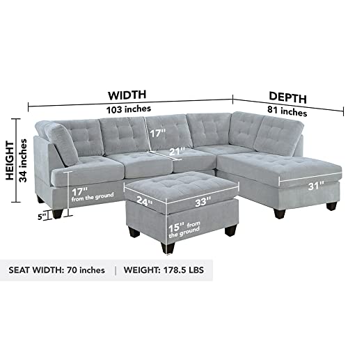 Casa Andrea Milano LLC 3 Piece Modern Tufted Micro Suede L Shaped Sectional Sofa Couch with Reversible Chaise & Ottoman, Large, Grey