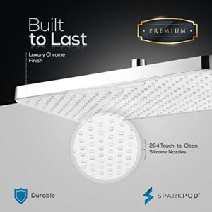 SparkPod 12 Inch Rectangle Rain Shower Head - Ceiling or Wall Mount Rainfall Shower Head - Large Coverage Showerhead - Brass Ball Joint with 360° Adjustment - 1-Min Install (Chrome & White)