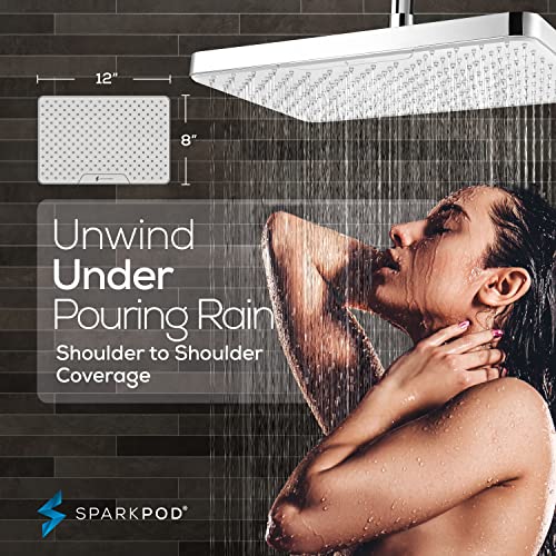 SparkPod 12 Inch Rectangle Rain Shower Head - Ceiling or Wall Mount Rainfall Shower Head - Large Coverage Showerhead - Brass Ball Joint with 360° Adjustment - 1-Min Install (Chrome & White)