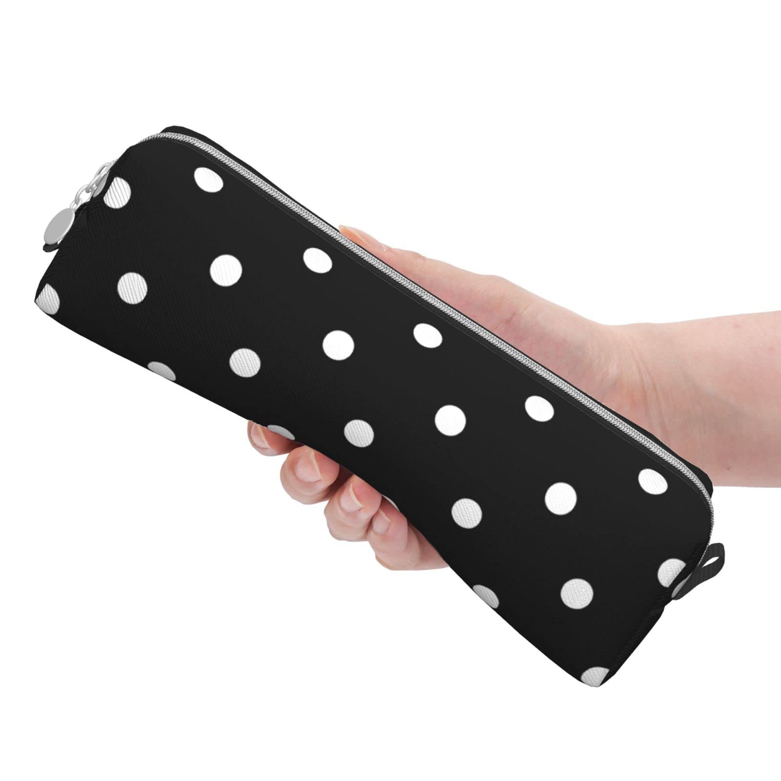 Ykklima Leather Pencil Case - Polka Dot Black and White Simple Pattern, Stationery Bag Pen Organizer Makeup Cosmetic Holder Pouch for School Work Office College