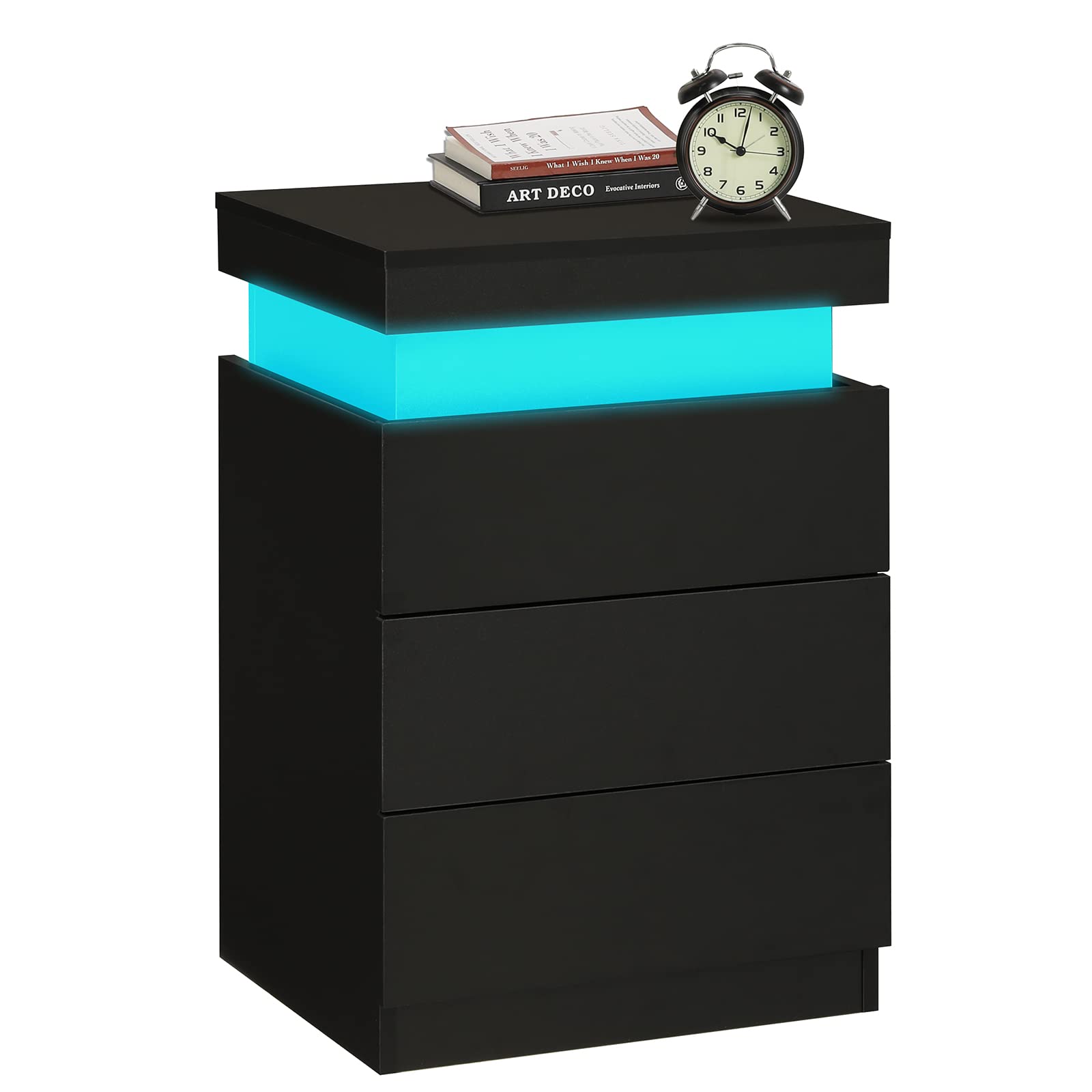 ADORNEVE Nightstand with Charging Station and LED Lights,Night Stand with Sliding Top,Bedside Table with Drawers,Modern End Side Table for Bedroom,Black