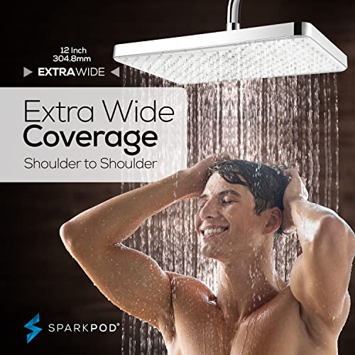 SparkPod 12 Inch Rectangle Rain Shower Head - Ceiling or Wall Mount Rainfall Shower Head - Large Coverage Showerhead - Brass Ball Joint with 360° Adjustment - 1-Min Install (Chrome & White)