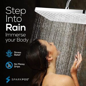 SparkPod 12 Inch Rectangle Rain Shower Head - Ceiling or Wall Mount Rainfall Shower Head - Large Coverage Showerhead - Brass Ball Joint with 360° Adjustment - 1-Min Install (Chrome & White)