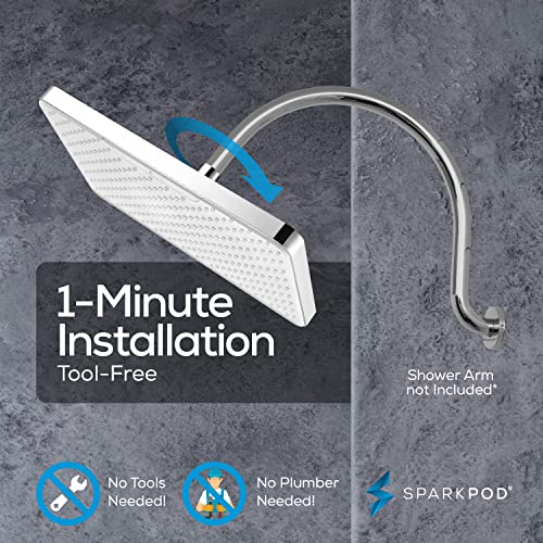 SparkPod 12 Inch Rectangle Rain Shower Head - Ceiling or Wall Mount Rainfall Shower Head - Large Coverage Showerhead - Brass Ball Joint with 360° Adjustment - 1-Min Install (Chrome & White)