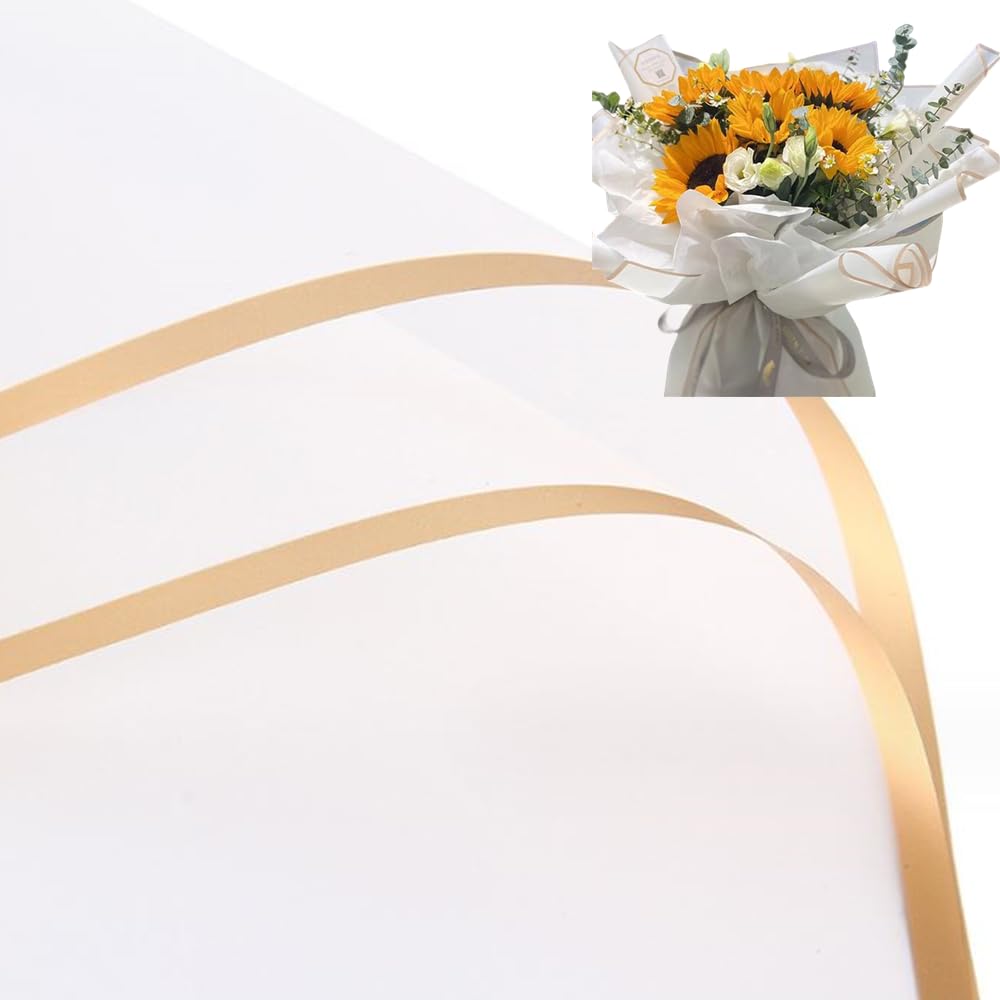 20 Sheets Pure color gold edge Flower Wrapping Paper,Waterproof Valentine's Day Bouquet Wrapping Paper 23x23Inch Used for DIY Crafts, Gift Packaging, Flower Shop Bouquet Packaging (White)