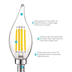 LUXRITE Vintage Candelabra LED Bulb 60W Equivalent, 550 Lumens, 3500K Natural White, LED Chandelier Light Bulbs 5W, Dimmable, Flame Tip Clear Glass, Filament LED Candle Bulbs, E12 Base (6 Pack)