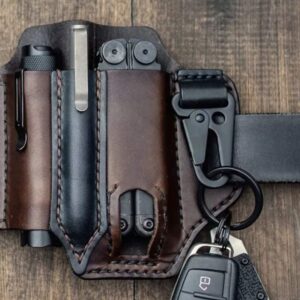 Handmade Leather Multitool Sheath, EDC Belt Pocket Organizer, Flashlight Holster, Storage Belt Waist Bag for Camping, Leatherman Sheath with Pen Holder, Key Fob (Black)