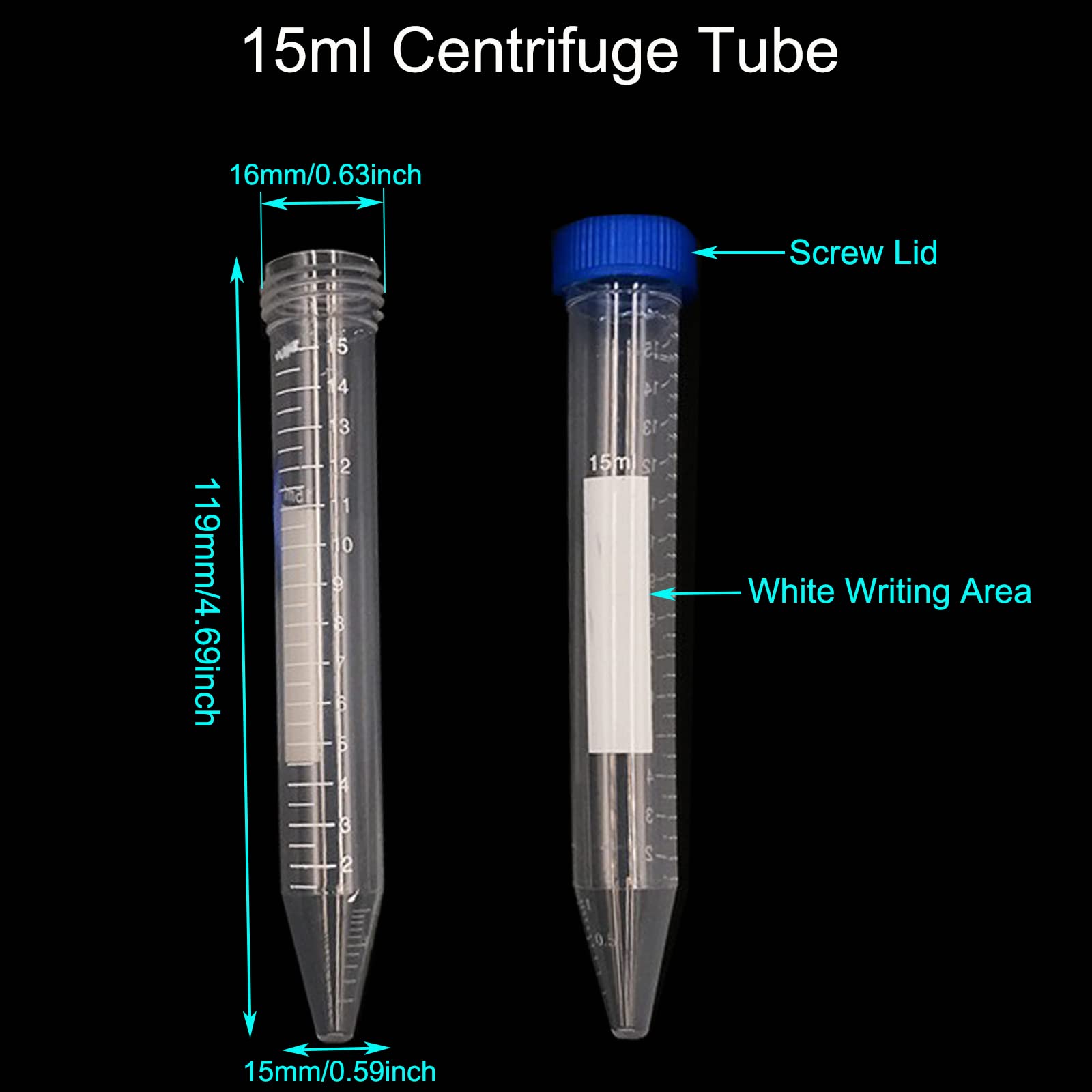 Conical Centrifuge Tubes 15ml, 100 Pcs Sterile Plastic Tubes with Screw Caps, Plastic Graduated and Write Marks Test Container, Non-Pyrogenic, DN/RNase Free (15ml-100pcs)