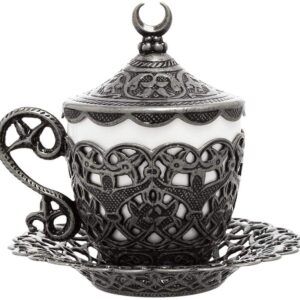 Alisveristime (1 Pc Turkish Coffee Cup - Traditional Design with Crescent Motif, Porcelain Cup and Saucer for Turkish, Greek, Arabic Coffee and Espresso (Gelincik) (Black)