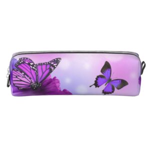 ykklima leather pencil case - butterfly on purple flowers pattern, stationery bag pen organizer makeup cosmetic holder pouch for school work office college