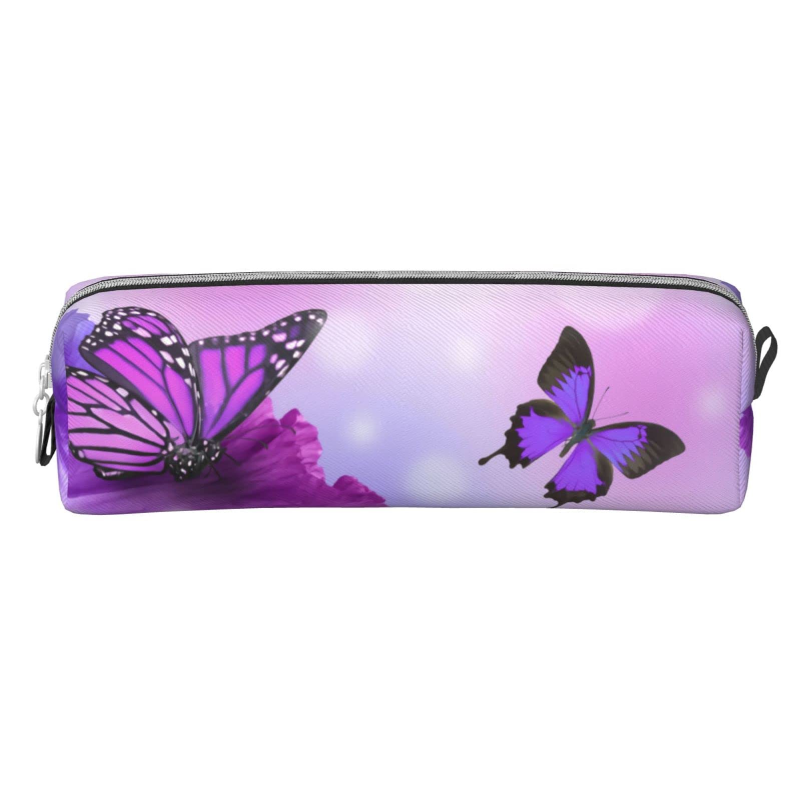 Ykklima Leather Pencil Case - Butterfly on Purple Flowers Pattern, Stationery Bag Pen Organizer Makeup Cosmetic Holder Pouch for School Work Office College