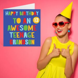 Stuff4 Fun 13th Birthday Cards for Grandson - Awesome Teenage Grandson 13 - Happy 13th Birthday Card from Grandpa Grandma Nanny, 5.7 x 5.7 Inch Thirteen Thirteenth Bday Greeting Cards Gift