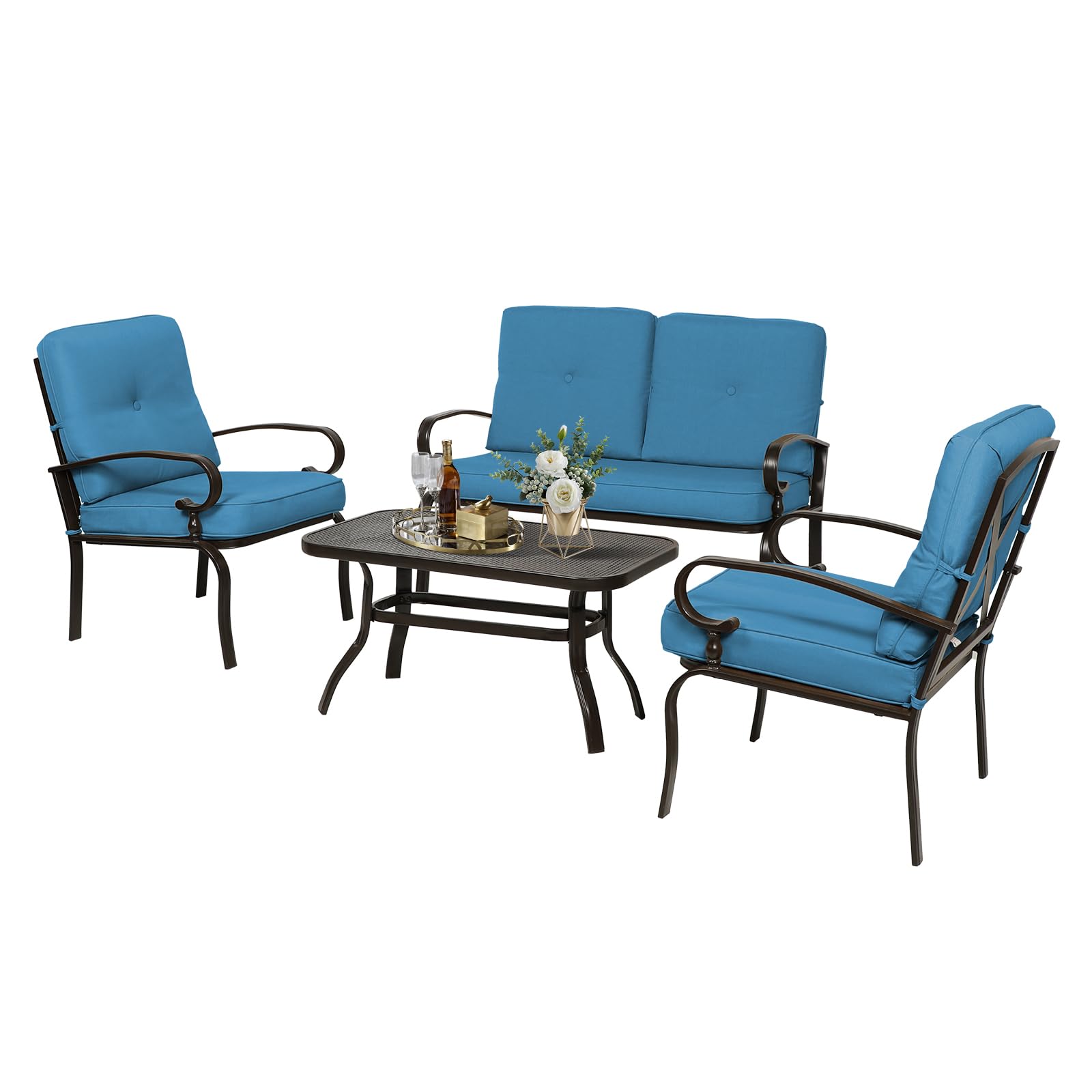 Oakcloud 4Pcs Metal Outdoor Furniture Patio Conversation Set (Loveseat and Coffee Table, 2 Dining Chair) -Wrought Iron Patio Chair Set with Cushions (Blue)