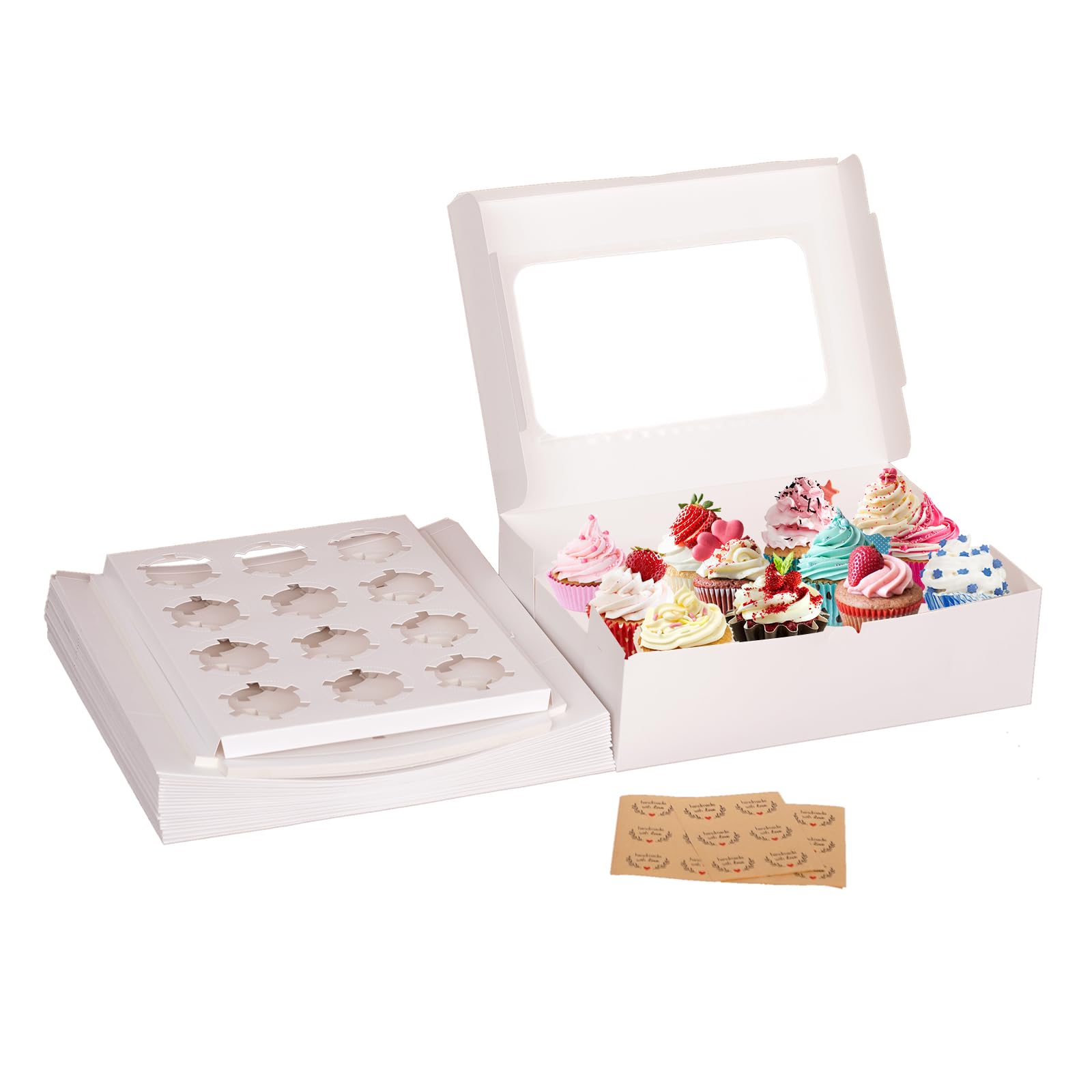 Yeplan 50 Packs Cupcake Boxes,9.4x6.1x3.14 Inches 6 Count Cupcake Box,White Cupcake Containers with Clear Window and Six Treat Holder,Pastry and Cookie Boxes,Bakery Boxes